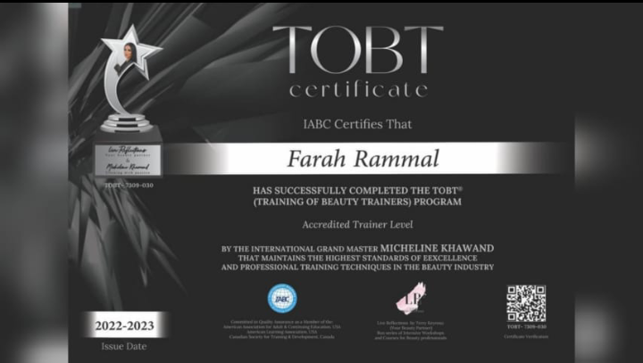فرح رمال تحصل على شهادة TOBT 1 16463419284f4bfeb481