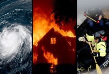 A three-paneled image showing a satellite photo of a hurricane, a house on fire, and flood rescue workers on a raft