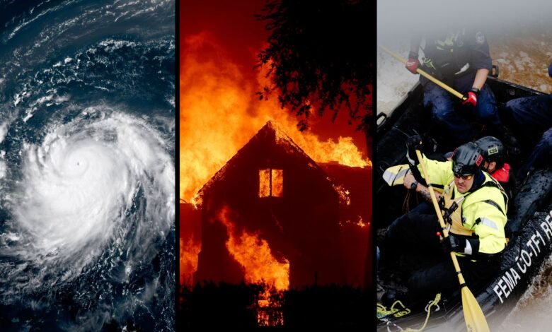 A three-paneled image showing a satellite photo of a hurricane, a house on fire, and flood rescue workers on a raft