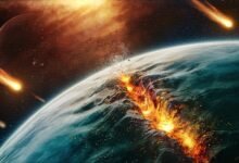 An illustration showing a fiery rift in early Earth's tectonic plates. New research is revealing that the movement of Earth's plates may have begun just a few hundred million years after Earth's formation.