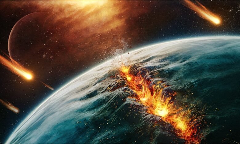 An illustration showing a fiery rift in early Earth's tectonic plates. New research is revealing that the movement of Earth's plates may have begun just a few hundred million years after Earth's formation.