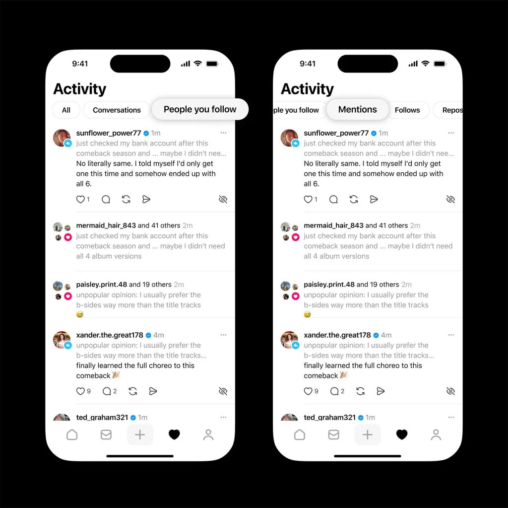 threads activity feed filtering