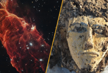 Split image of a &quot;cosmic tornado&quot; and a face depiction from a wooden coffin in Tombos.