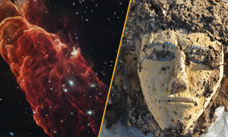 أخبار العلوم هذا الأسبوع: "الأعاصير الكونية" ومفاجأة من أهرامات مصر القديمة 1 Split image of a "cosmic tornado" and a face depiction from a wooden coffin in Tombos.