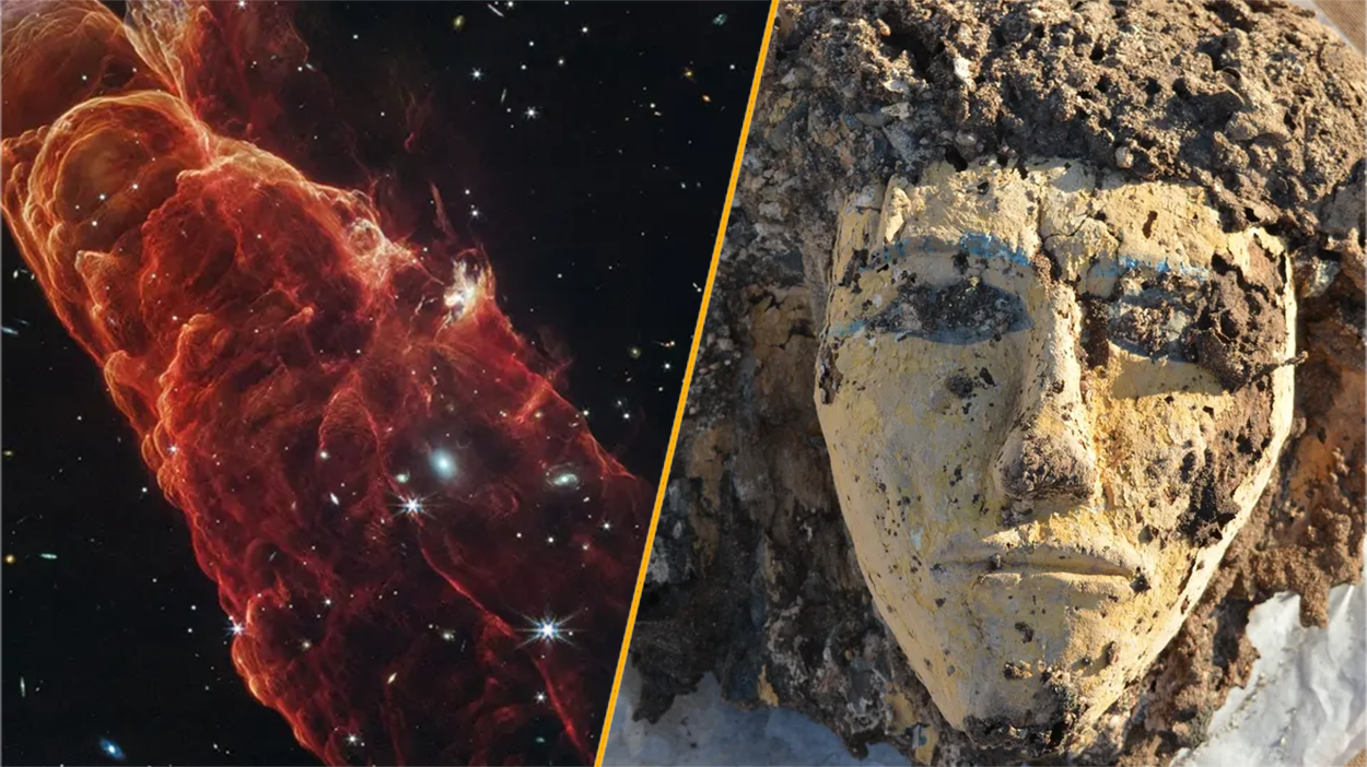 أخبار العلوم هذا الأسبوع: "الأعاصير الكونية" ومفاجأة من أهرامات مصر القديمة 8 Split image of a "cosmic tornado" and a face depiction from a wooden coffin in Tombos.