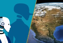 Split image showing a robot telling lies and a satellite view of north america.