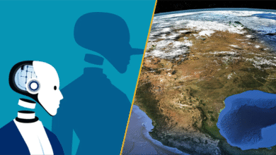 Split image showing a robot telling lies and a satellite view of north america.