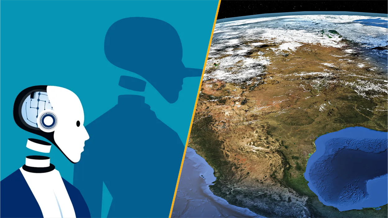 أخبار العلوم هذا الأسبوع: الذكاء الاصطناعي يكذب وقشرة أمريكا "تقطر" 8 Split image showing a robot telling lies and a satellite view of north america.