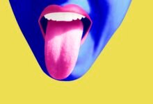 a colorful illustration of a face with a tongue sticking out