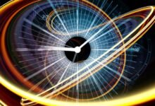 an abstract illustration of a clock with swirls of light