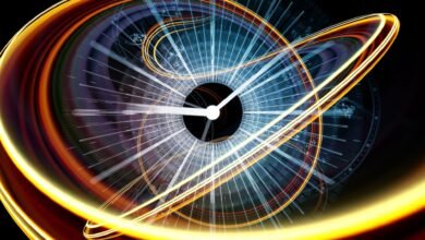 an abstract illustration of a clock with swirls of light