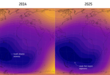 Two maps showing changes in the South Atlantic Anomaly between 2014 and 2025.