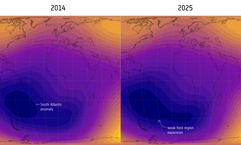 اكتشف العلماء أن هناك نقطة ضعف هائلة في المجال المغناطيسي للأرض آخذة في النمو 1 Two maps showing changes in the South Atlantic Anomaly between 2014 and 2025.