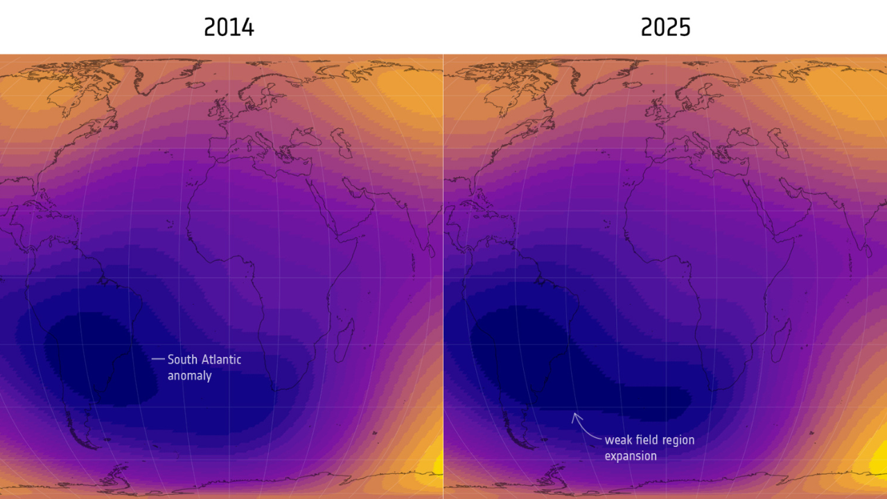 اكتشف العلماء أن هناك نقطة ضعف هائلة في المجال المغناطيسي للأرض آخذة في النمو 5 Two maps showing changes in the South Atlantic Anomaly between 2014 and 2025.