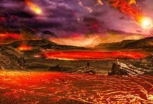 An artist impression of what proto-Earth looked like. We see lakes of bubbling lava and volcanoes erupting.