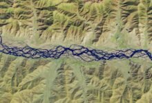 A satellite photo of the Yarlung Zangbo river, showing its many braids winding through mountains
