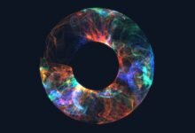an illustration of a donut shape filled with rainbow swirls