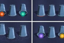 A four-paneled illustration. In each panel, a number of three cups are lifted up to reveal different colored glowing orbs in different places