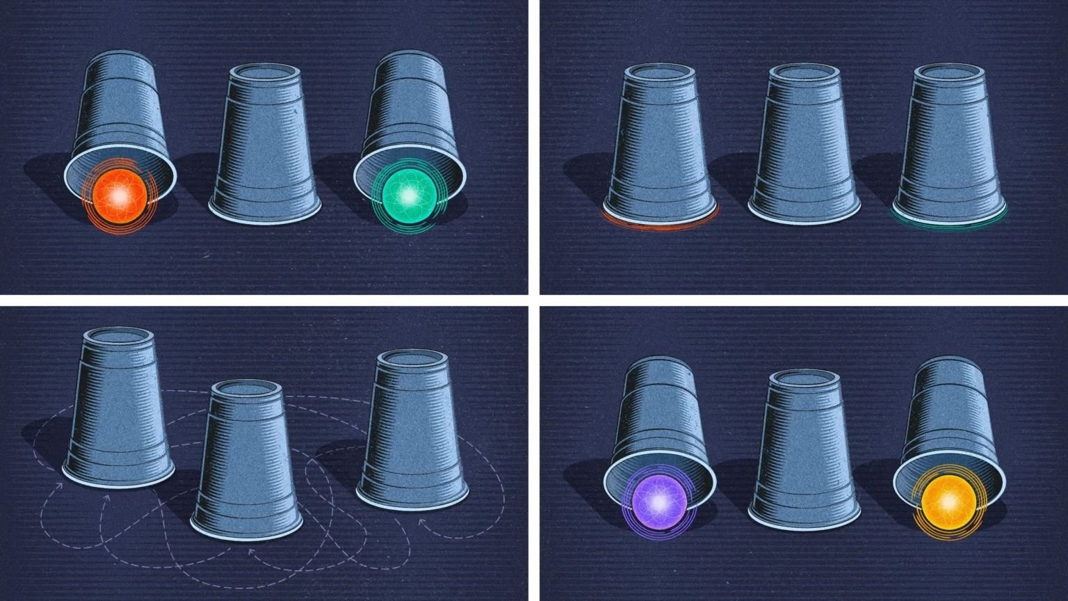 ستكون "الجسيمات شبه الجزئية" مملكة ثالثة للجسيمات الكمومية 6 A four-paneled illustration. In each panel, a number of three cups are lifted up to reveal different colored glowing orbs in different places