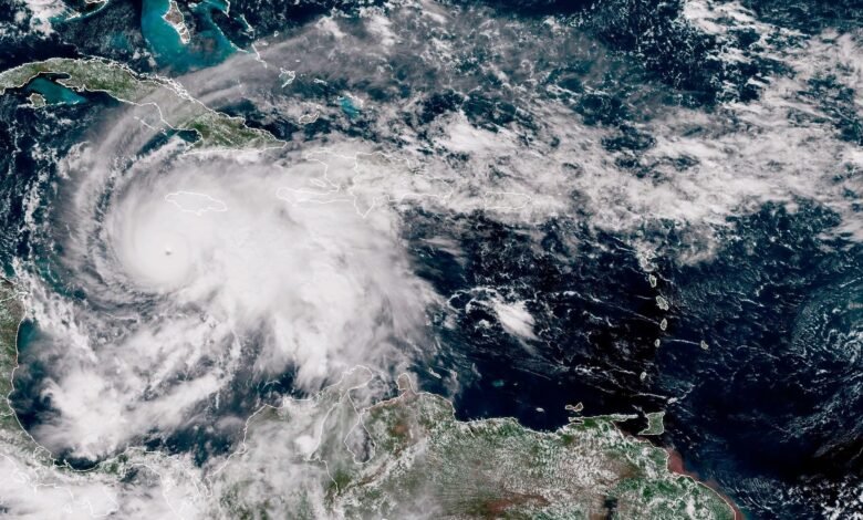 A satellite image of Hurricane Melissa over the Caribbean