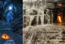 Two pictures of Eternal Flame Falls. On the left we see the flame in winter and on the right, the flame behind the waterfall.