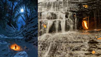 Two pictures of Eternal Flame Falls. On the left we see the flame in winter and on the right, the flame behind the waterfall.