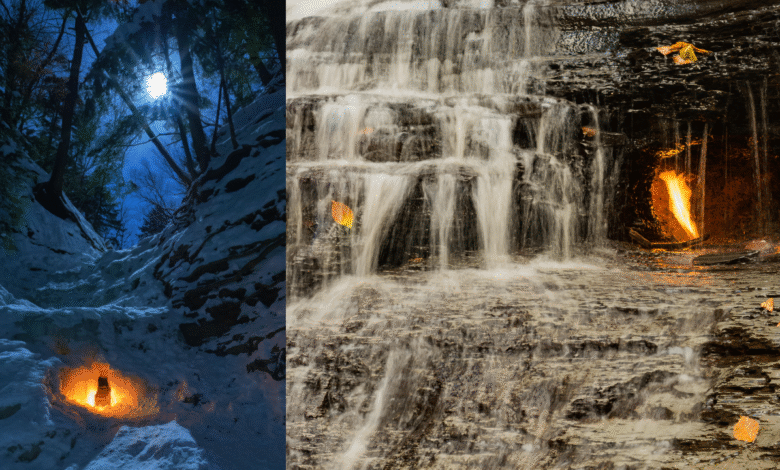 شلالات اللهب الأبدي: شلال صغير في نيويورك يخفي مغارة مليئة بالنار التي لا تنتهي 1 Two pictures of Eternal Flame Falls. On the left we see the flame in winter and on the right, the flame behind the waterfall.