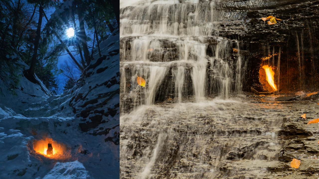 شلالات اللهب الأبدي: شلال صغير في نيويورك يخفي مغارة مليئة بالنار التي لا تنتهي 3 Two pictures of Eternal Flame Falls. On the left we see the flame in winter and on the right, the flame behind the waterfall.