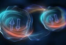 an abstract illustration with swirls of light around up and down arrows