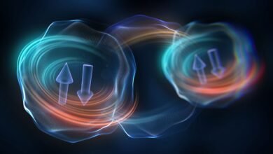 an abstract illustration with swirls of light around up and down arrows