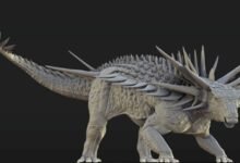 An artistic reconstruction of the Spicomellus after, whose skeleton was covered in spikes, some fused to the animal’s skeleton, measuring as much as a metre long