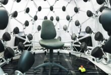 A chair sits inside the AudioDome.