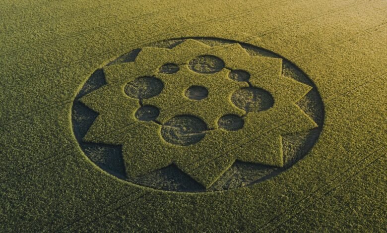 An aerial photograph of a crop circle design