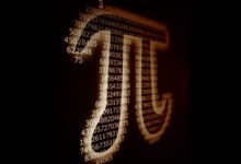 The symbol for pi made from numbers on a black background.