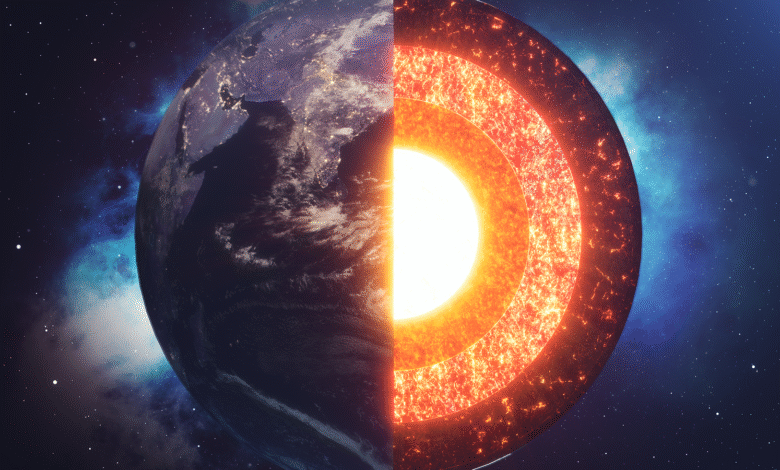 لقد بدأنا للتو في اكتشاف المادة التي يتكون منها اللب الداخلي للأرض 1 The structure of the earth's crust. Earth cross section in space view.