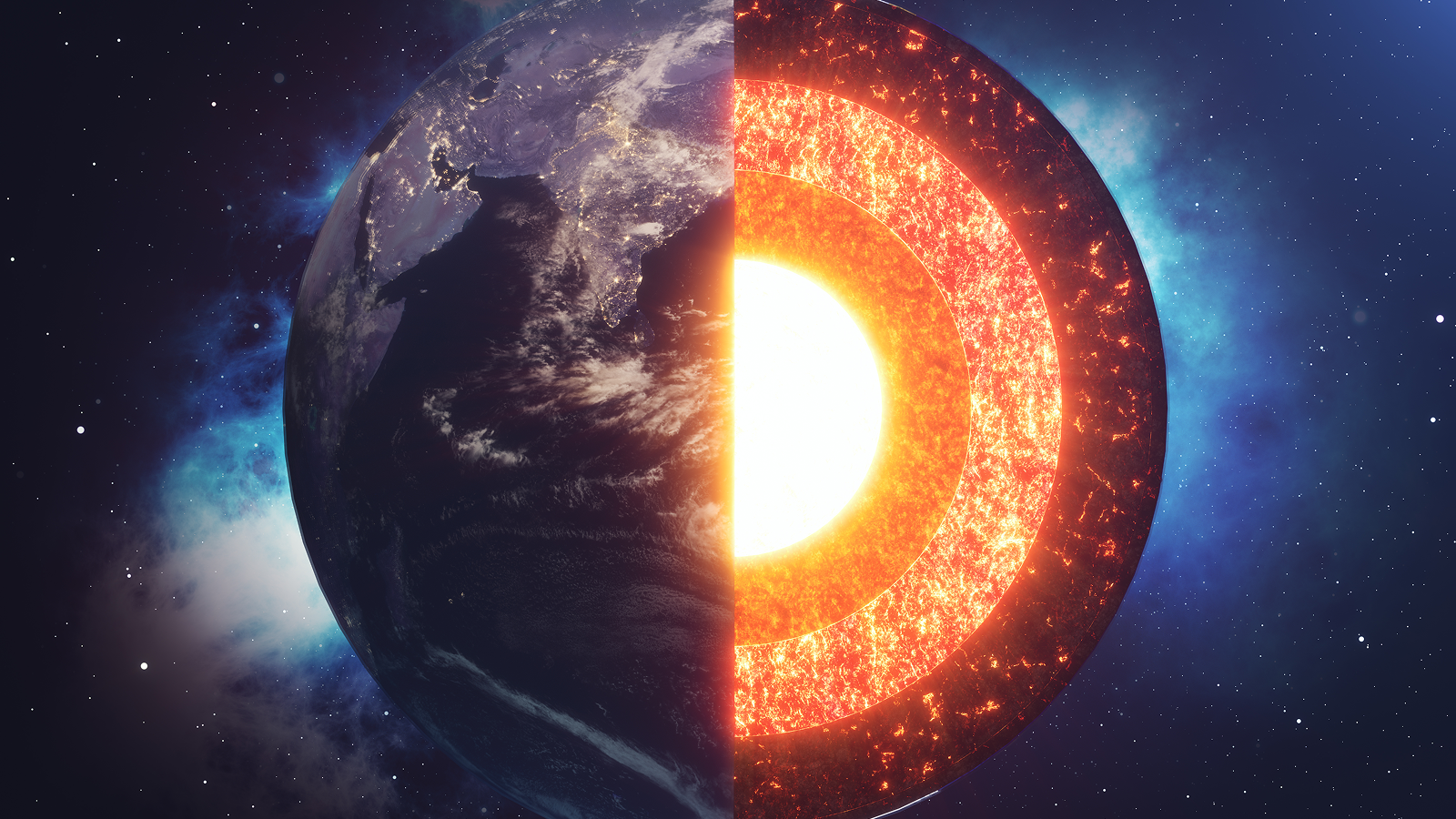 لقد بدأنا للتو في اكتشاف المادة التي يتكون منها اللب الداخلي للأرض 3 The structure of the earth's crust. Earth cross section in space view.