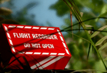 an airplane black box hidden by some plants