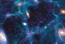 An illustration of different galaxies against a blue and purple weblike background.