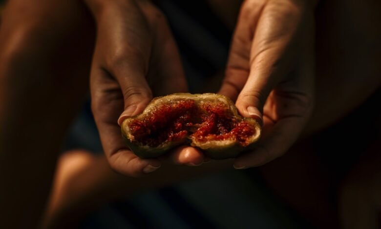هل يحتوي التين حقًا على دبابير ميتة؟ 1 A photograph of a person holding an open fig