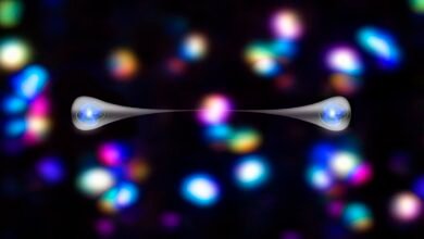 an abstract illustration with two glowing orbs connected by what looks like droplets of water, with more rainbow glowing orbs in the background