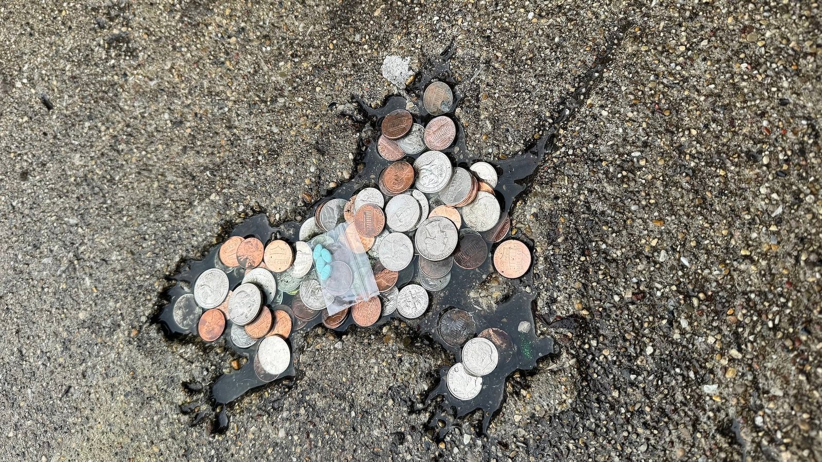 يزعم العلماء أن "ثقب الفئران في شيكاغو" الفيروسي لم يصنعه في الواقع فأر 3 a rat-shaped indentation in a street filled with coins and a baggy of estrogen pills