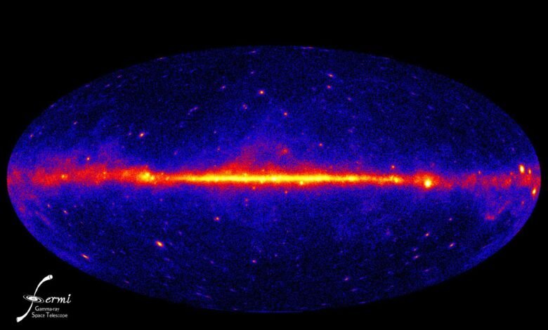 يمكن للتوهج الغامض في مركز درب التبانة أن يعيد تشكيل نظرية كونية كبرى 1 a map of the Milky Way showing a line of gamma ray emissions through the center