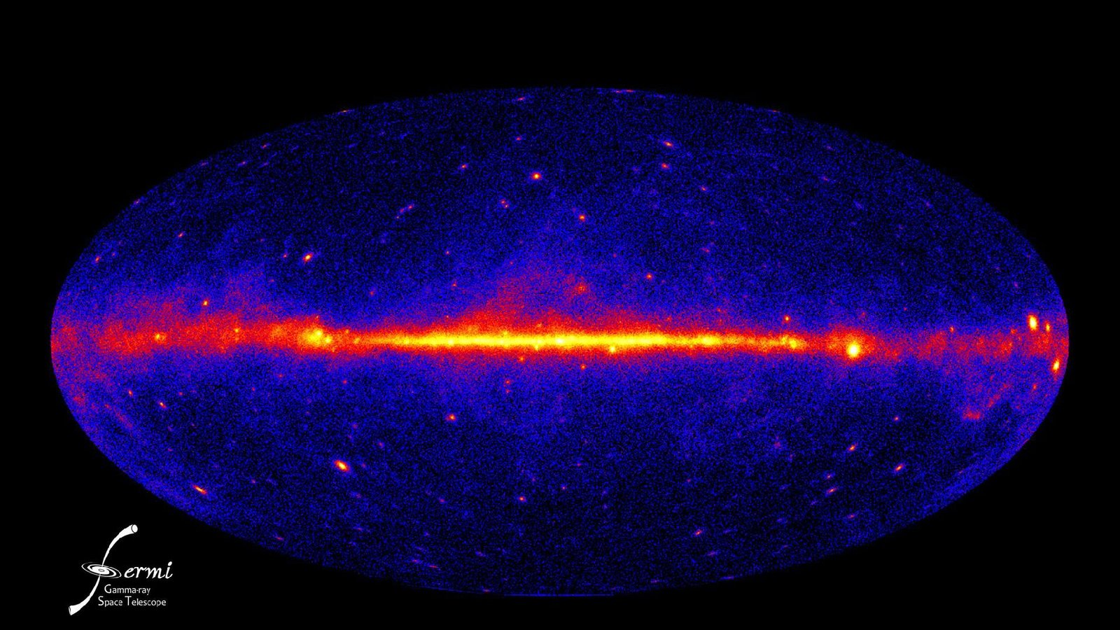 يمكن للتوهج الغامض في مركز درب التبانة أن يعيد تشكيل نظرية كونية كبرى 3 a map of the Milky Way showing a line of gamma ray emissions through the center