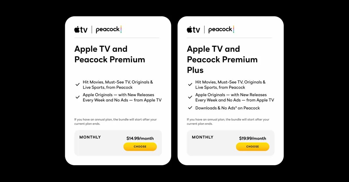 يمكنك الآن الاشتراك في باقة Apple TV وPeacock، ويتوفر الخصم أيضًا لمشتركي Apple One 3 يمكنك الآن الاشتراك في باقة Apple TV وPeacock، ويتوفر الخصم أيضًا لمشتركي Apple One