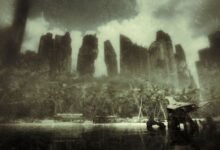 Misty, sepia-toned scene of a tropical shoreline overtaken by nature, with the remnants of shattered buildings and a rusted robot partially submerged in water. Tall palm trees and dense foliage frame the skeletal remains of skyscrapers in the background, suggesting a long-abandoned civilization.