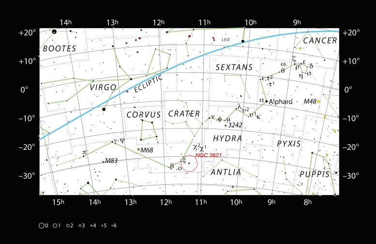 Sky Chart NGC 3621 in Hydra Constellation