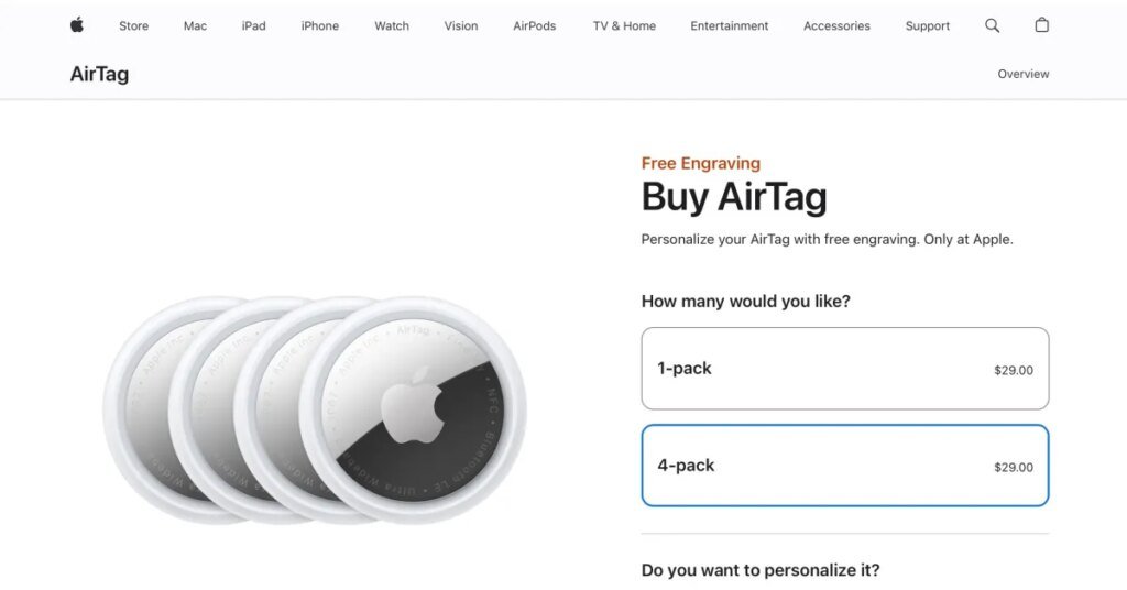 يسرد موقع Apple على الويب حزمة AirTag 4 مقابل 29 دولارًا في خطأ محتمل في التسعير (التحديث تم الإصلاح)