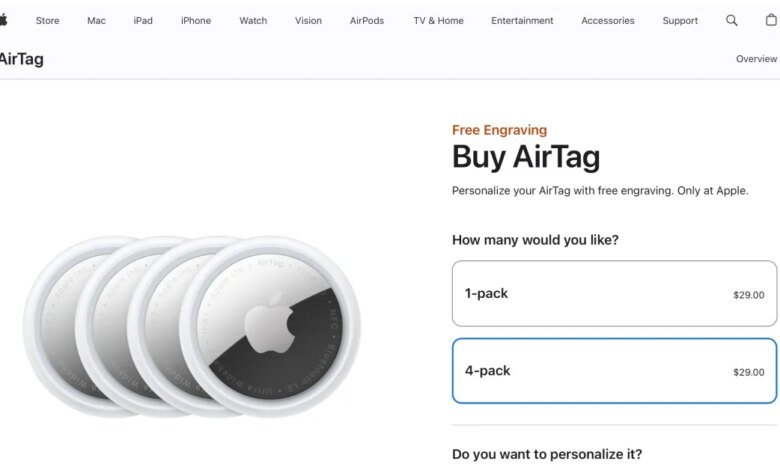 يسرد موقع Apple على الويب حزمة AirTag 4 مقابل 29 دولارًا في خطأ محتمل في التسعير (التحديث تم الإصلاح)