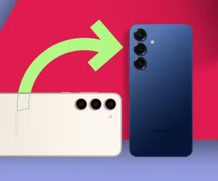 an arrow points from a samsung galaxy s23 to a samsung galaxy s25 in a minimalist setup