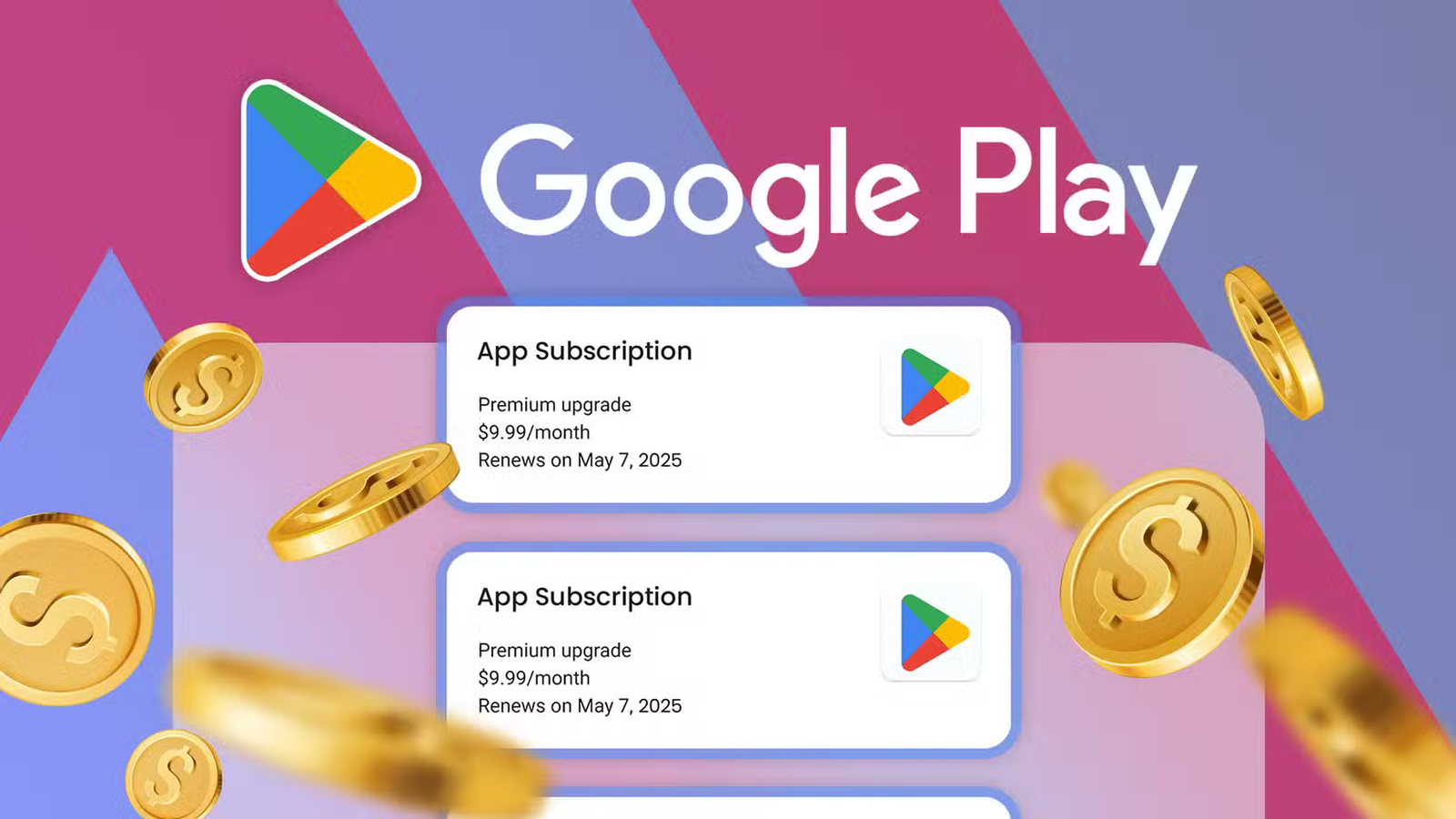 google play logo with some app subscriptions below and several coins around
